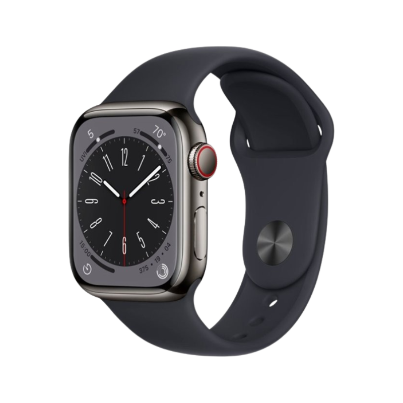 Графитовые Apple Watch Series 8 с черным ремешком на прозрачном фоне.