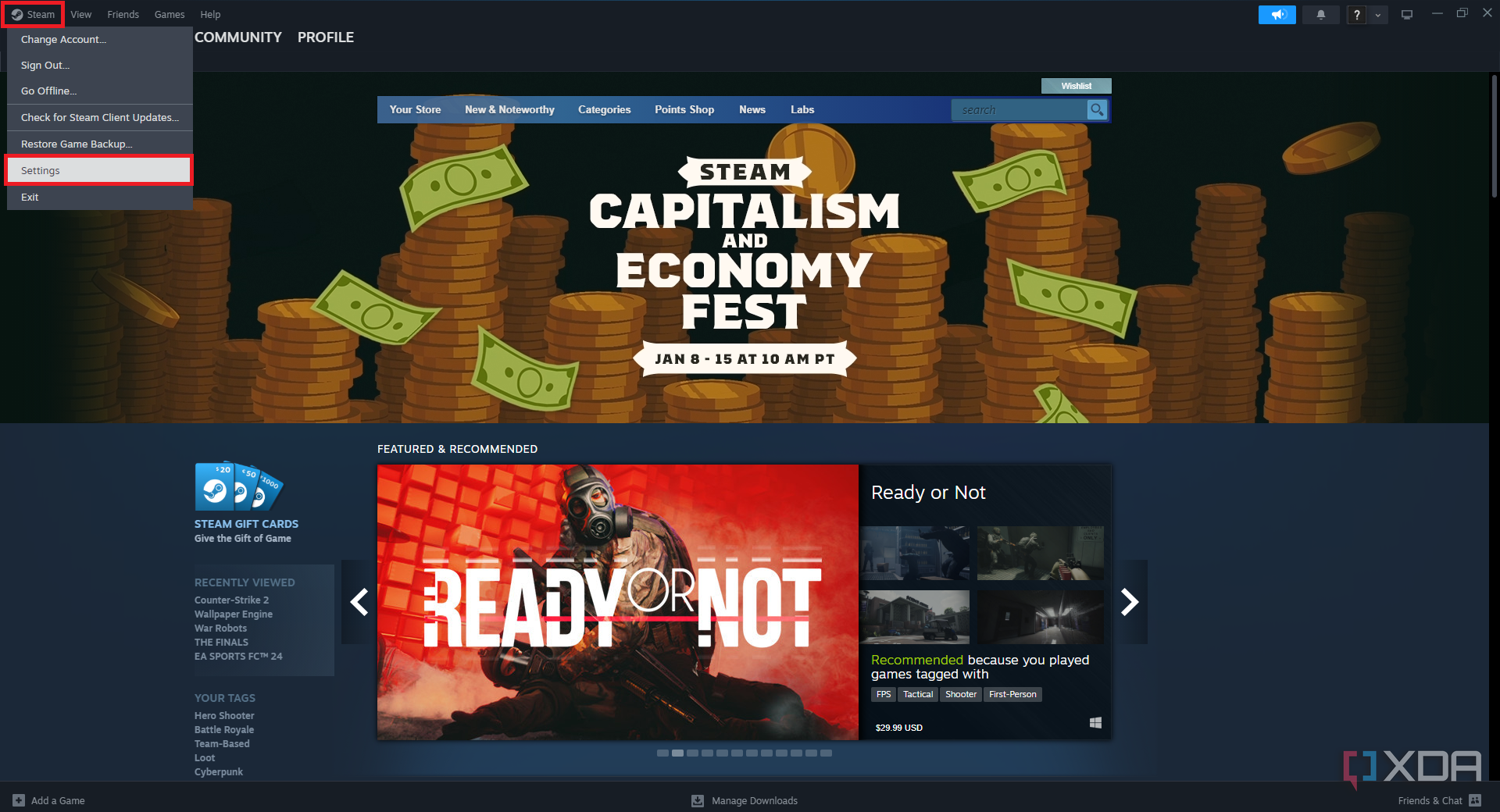 Изображение, показывающее, как открыть настройки на домашней странице Steam.