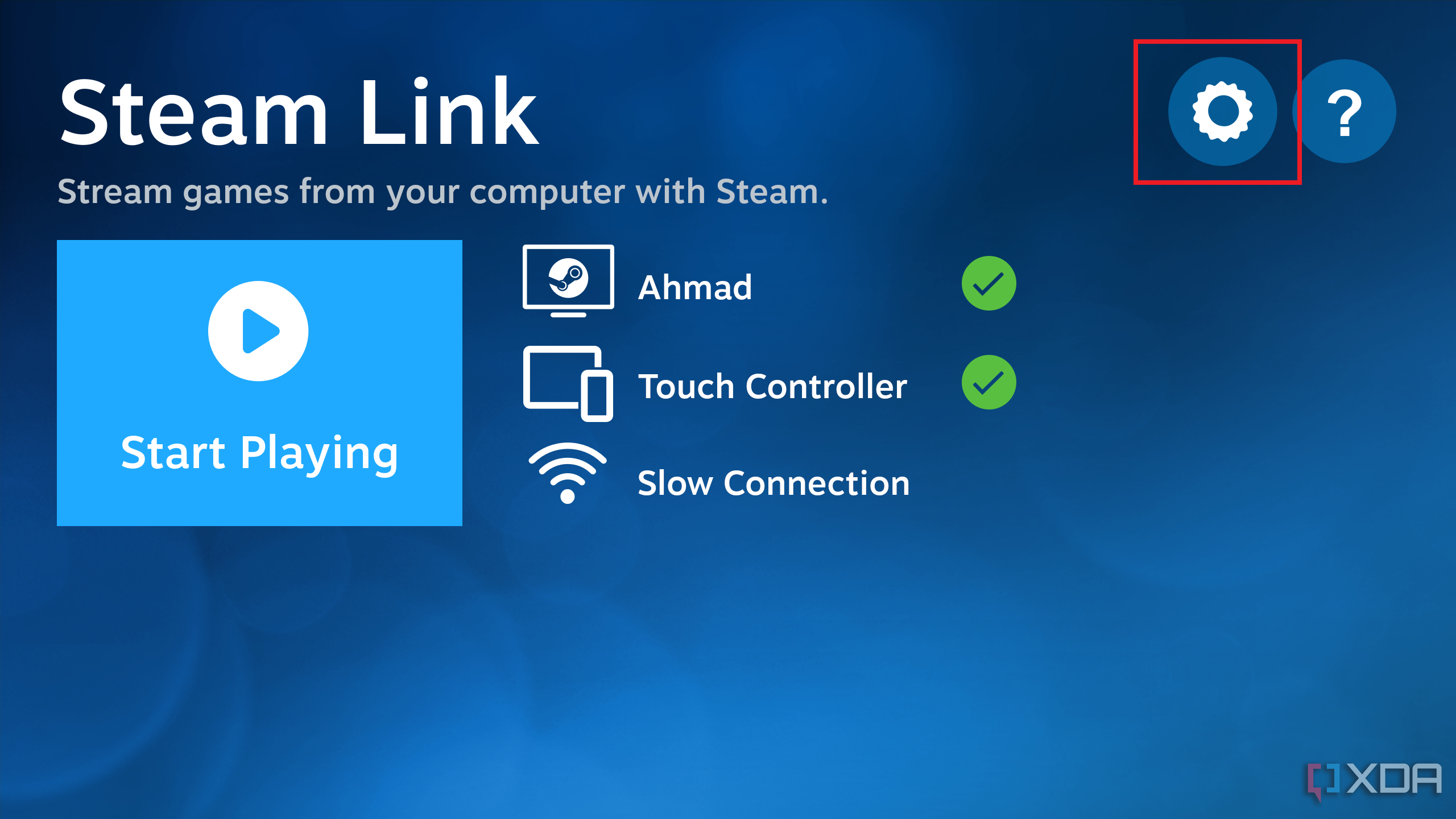 Домашняя страница Steam Link с выделенным значком настроек.