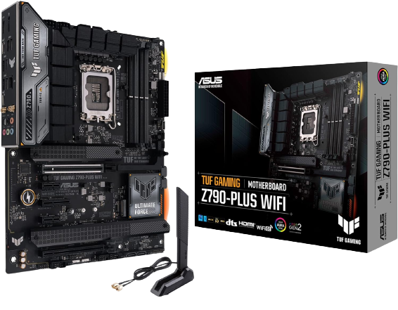 ASUS TUF Gaming Z790-Plus WiFi-рендеринг с Wi-Fi-антенной и коробкой