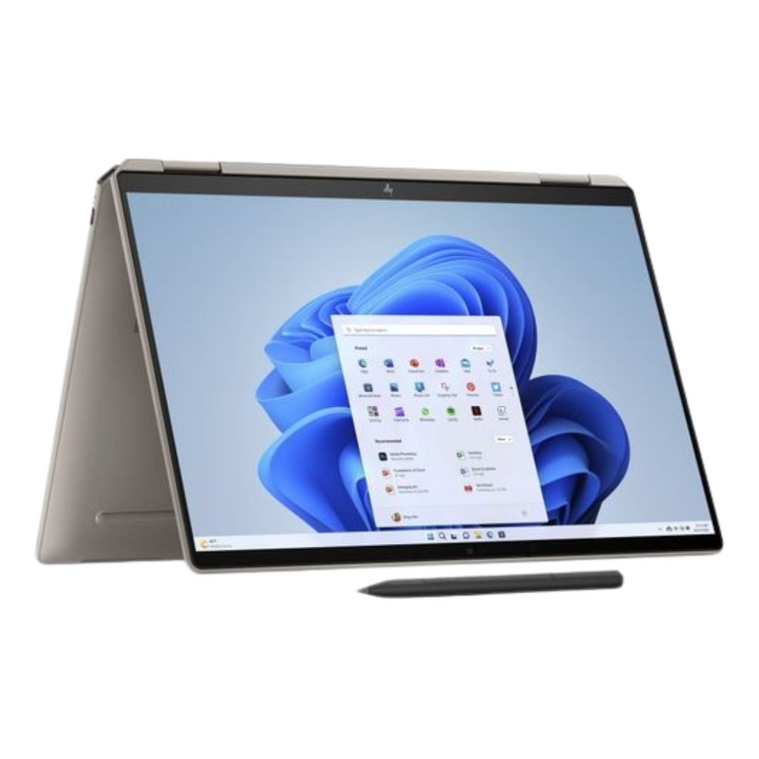 render of the hp spectre x360 14 in silver and shown folded and stood up