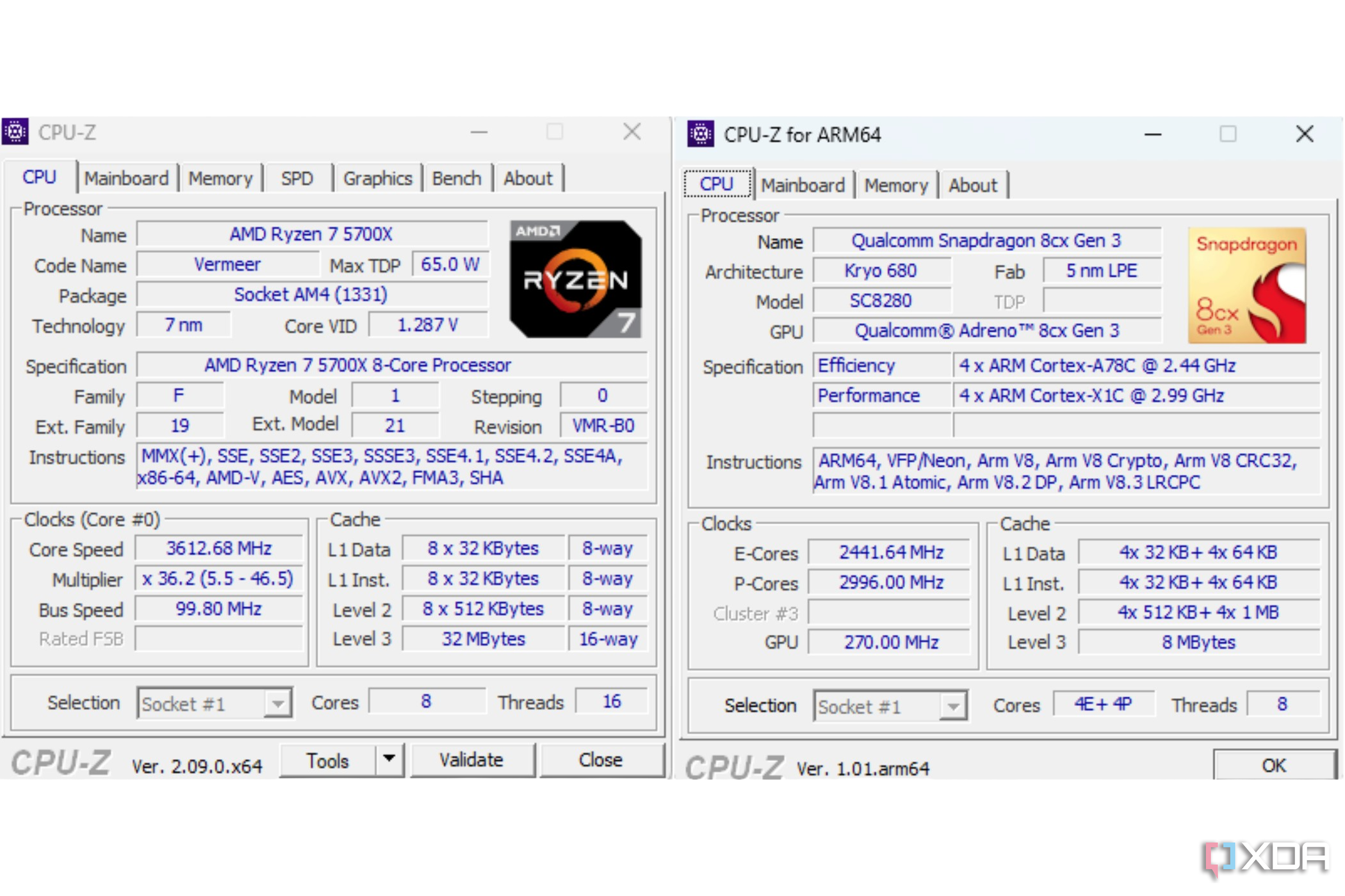 Параллельное сравнение версий CPU-Z X64 и ARM64.