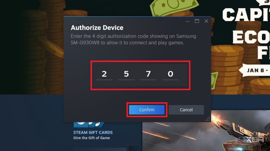 4-значный пин-код из приложения Steam Link, введенный в Steam на ПК.