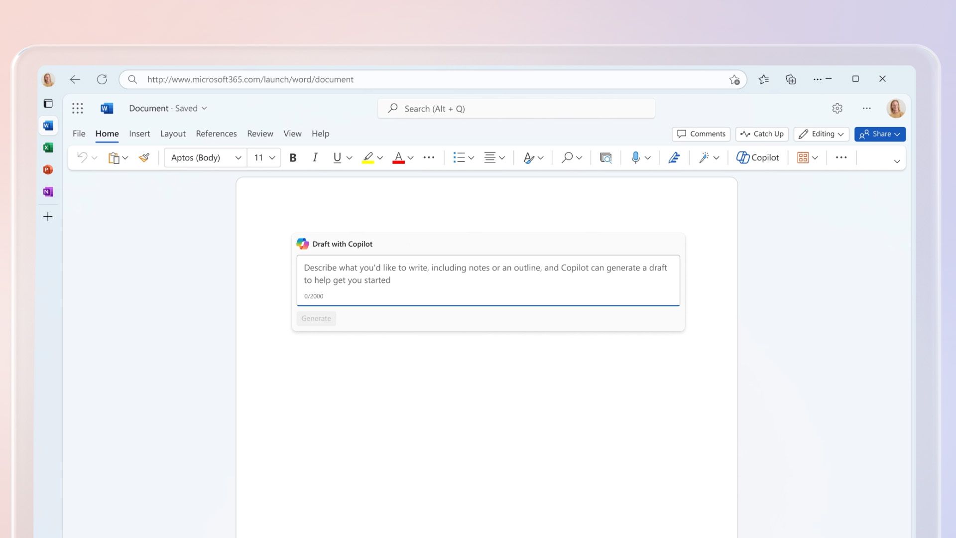 Снимок экрана Microsoft Word в Интернете с приглашением Copilot начать писать