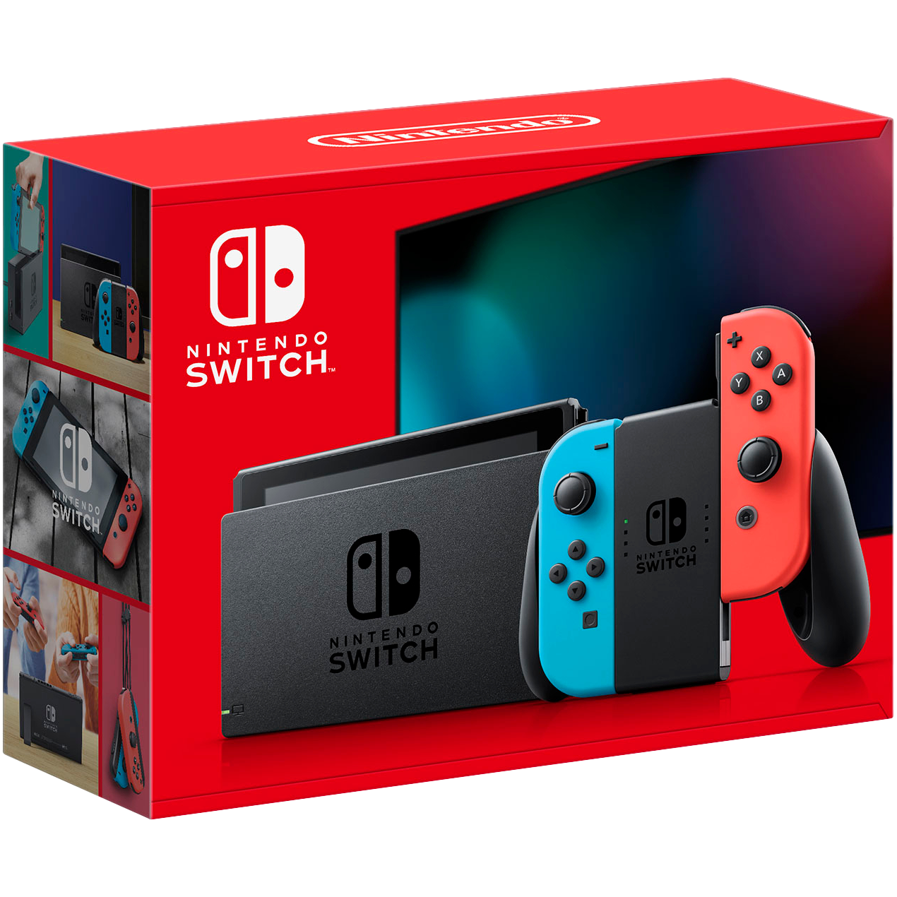 Розничная коробка стандартной модели Nintendo Switch с красным и синим контроллером Joy-Con.