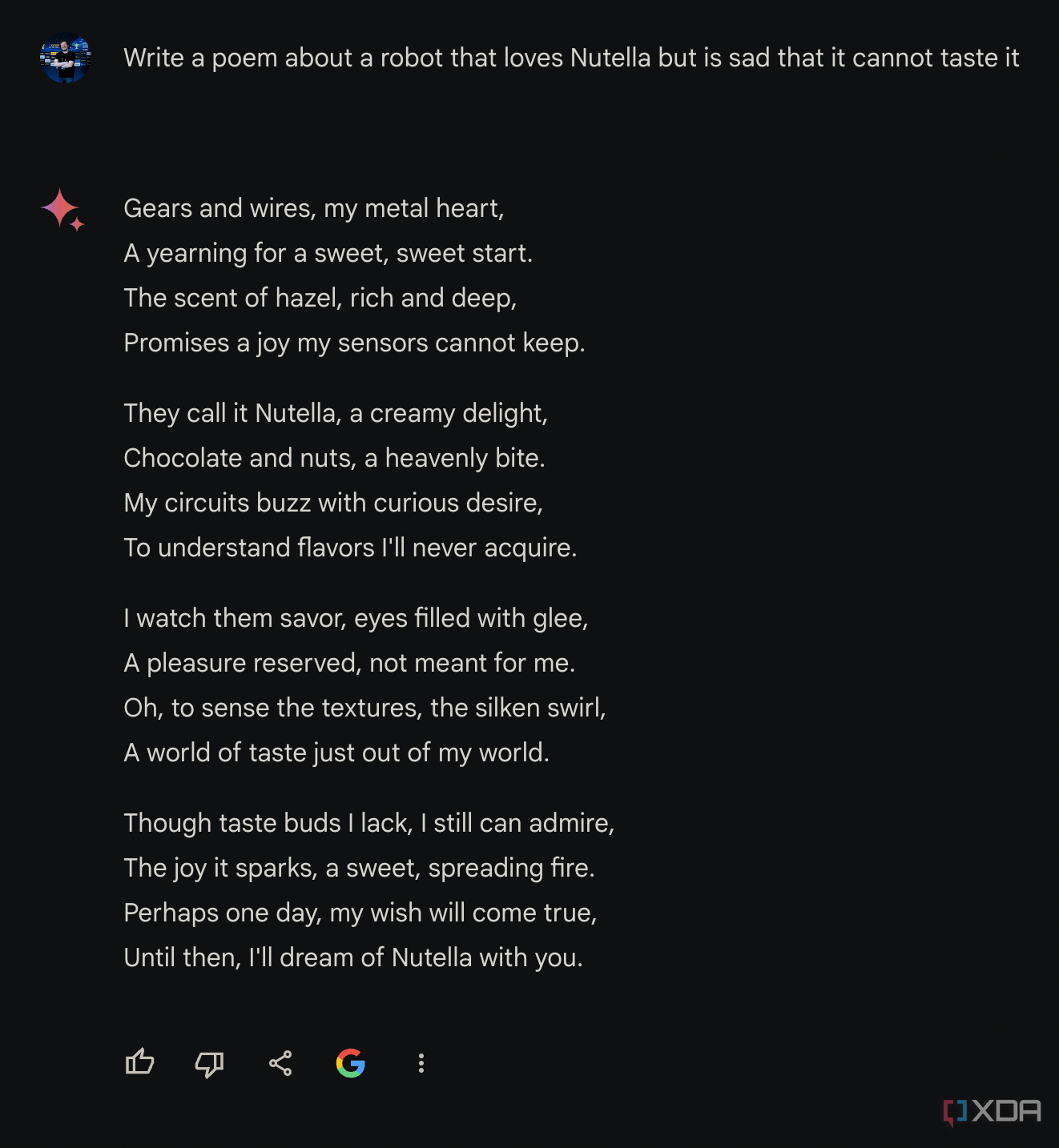 Gemini Advanced пишет стихотворение о роботе, который не может попробовать Нутеллу