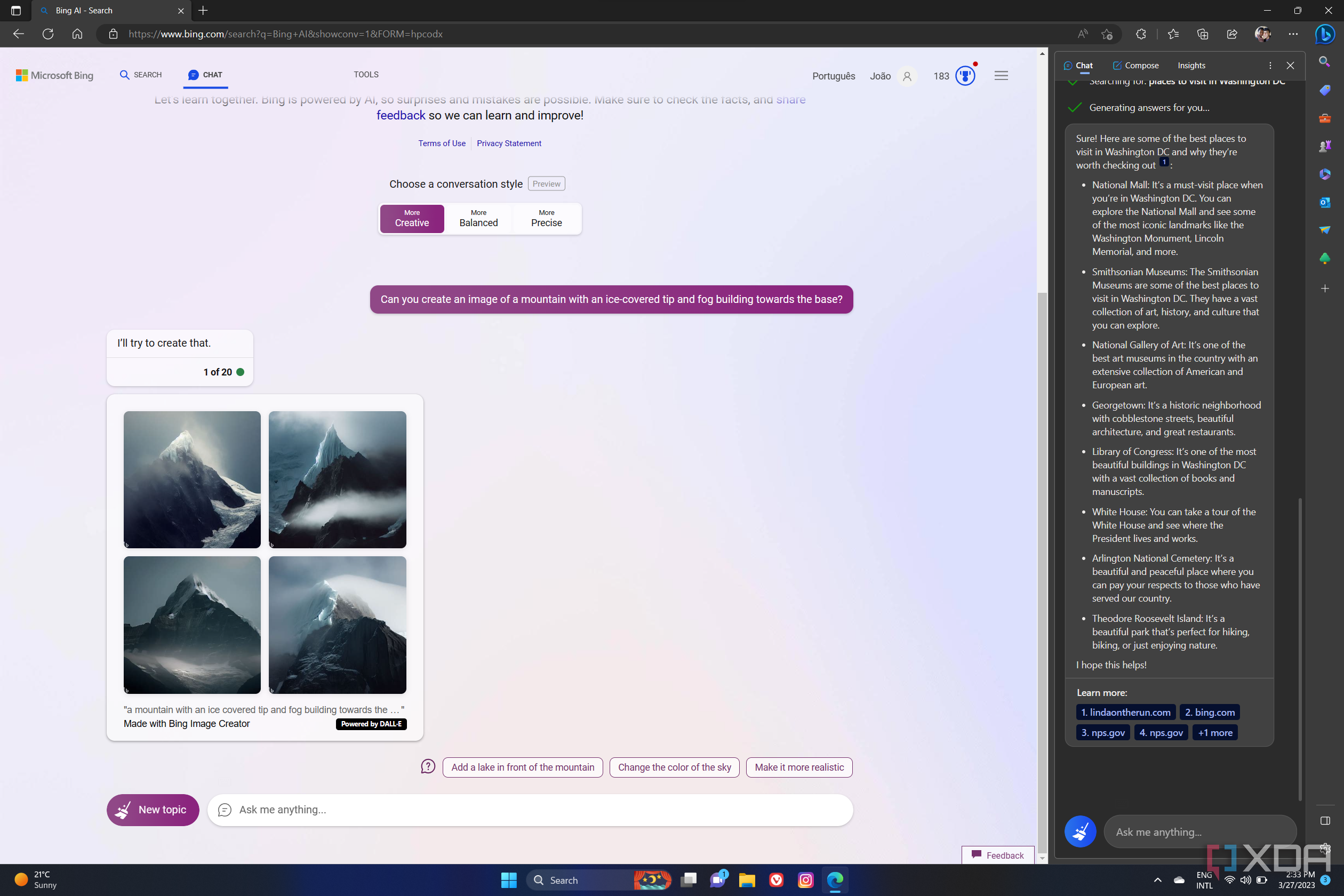 Снимок экрана Microsoft Edge, на котором отображается веб-страница чата Bing и панель «Обнаружение».