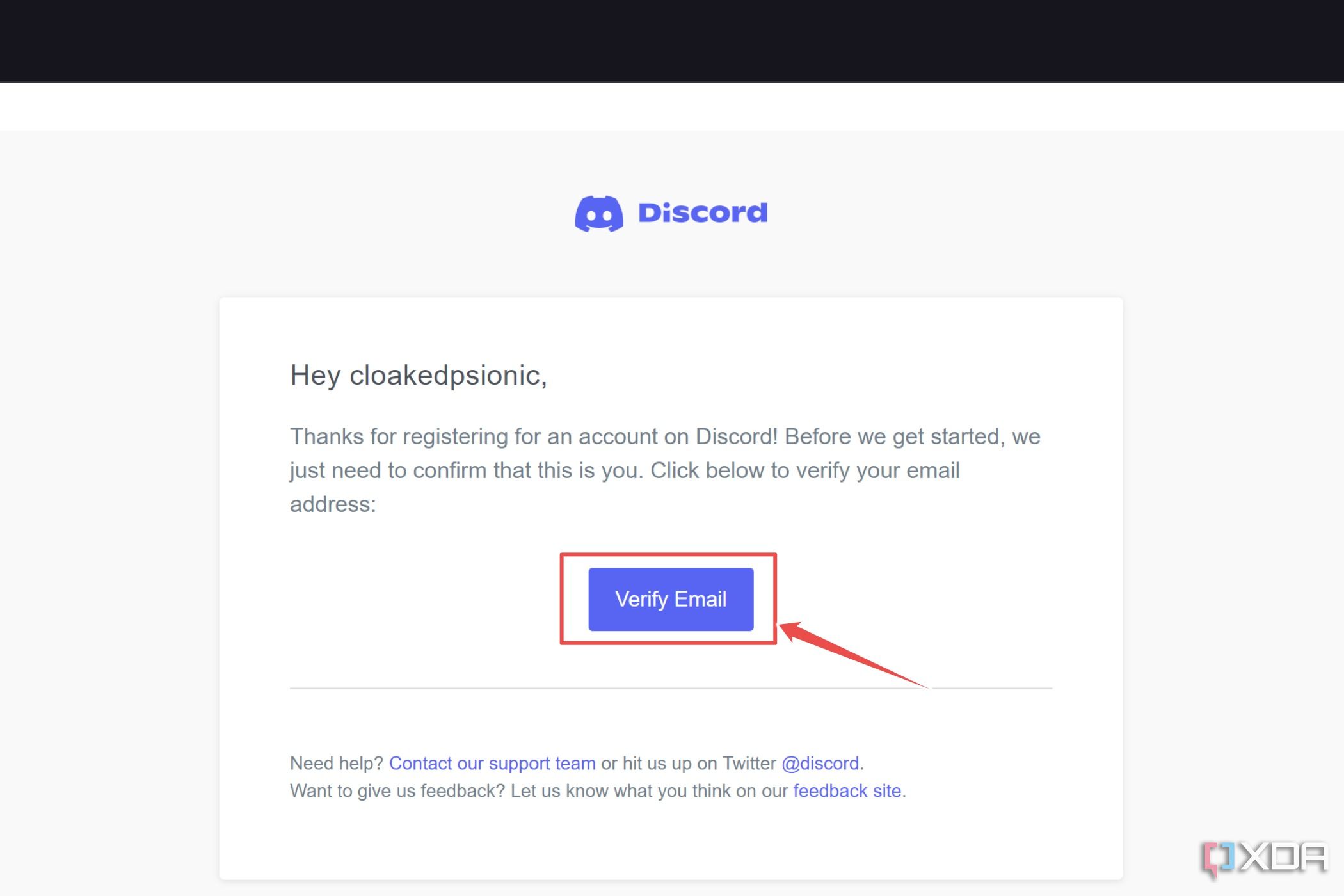 Письмо с подтверждением, отправленное Discord