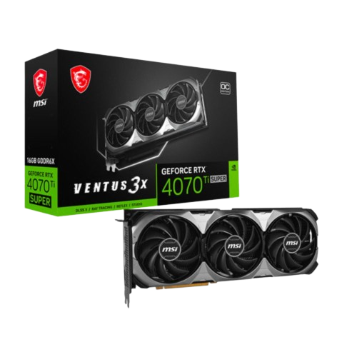 На изображении графический процессор MSI GeForce RTX 4070 Ti Super Ventus 3X рядом с розничной коробкой.