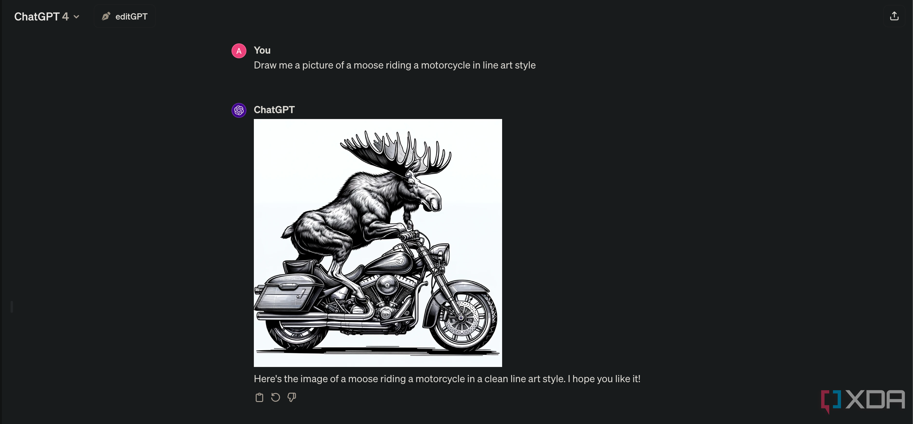 Попросите ChatGPT нарисовать лося на мотоцикле в стиле лайн-арт.