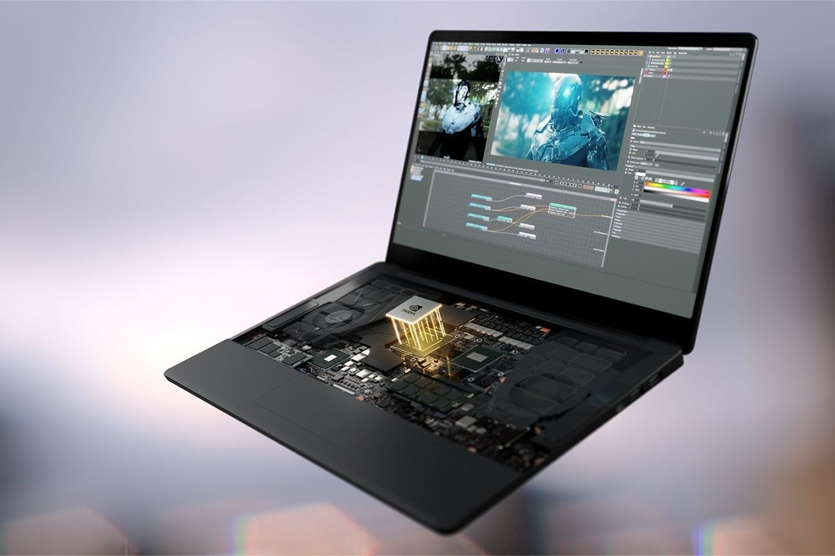 Открытый ноутбук с выделенным графическим процессором NVIIDI, выглядывающим из салона.