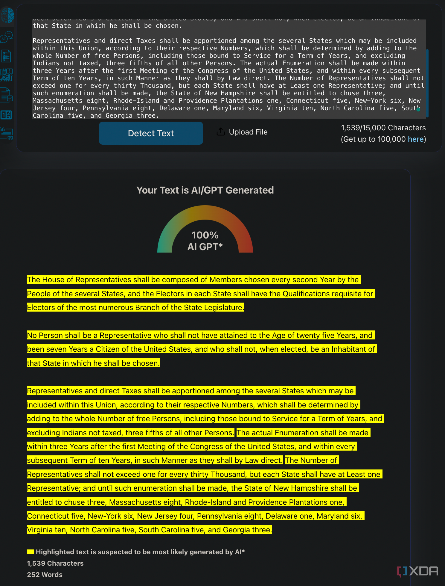 ZeroGPT утверждает, что конституция США на 100% создана искусственным интеллектом.