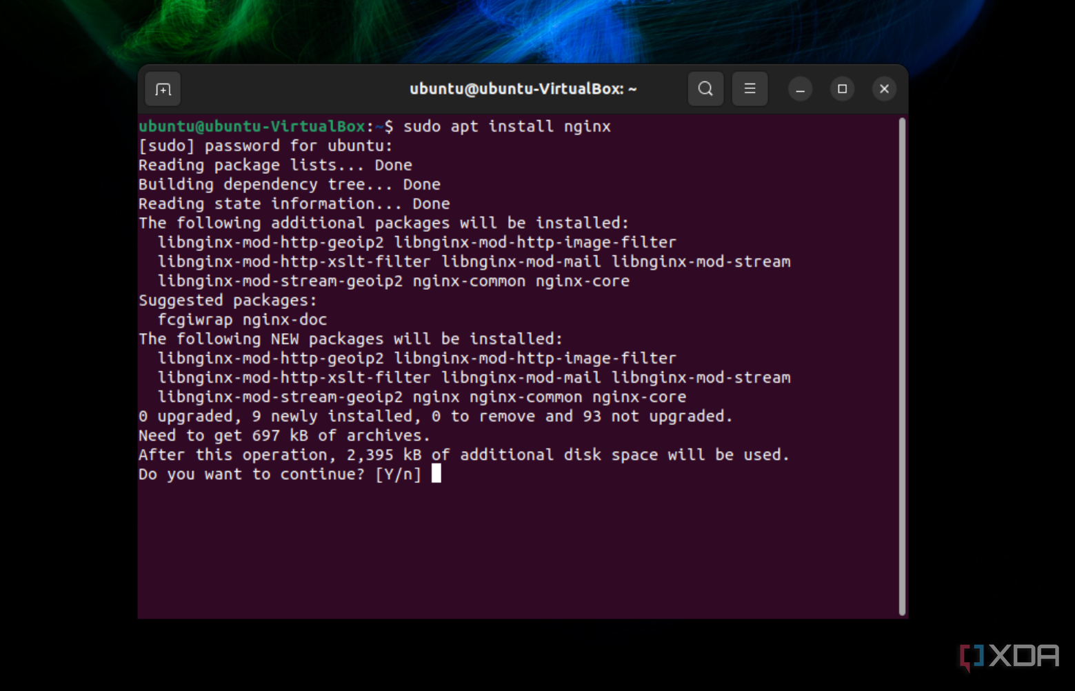 Скриншот команды sudo apt install nginx в Ubuntu