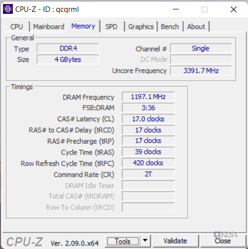 Скриншот CPU-Z, показывающий информацию о памяти.