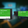 Внутренний твердотельный накопитель Western Digital WD Green емкостью 1 ТБ и внутренний твердотельный накопитель WD Green SN350 NVMe емкостью 1 ТБ на размытом фоне