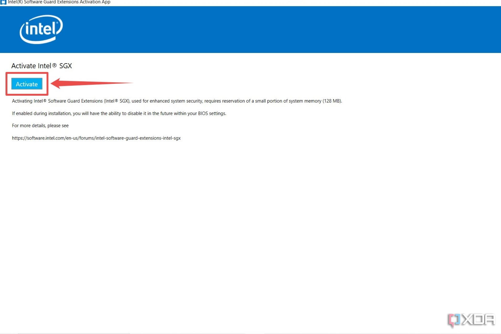 Приложение активации Intel SGX с выделенной кнопкой «Установить»