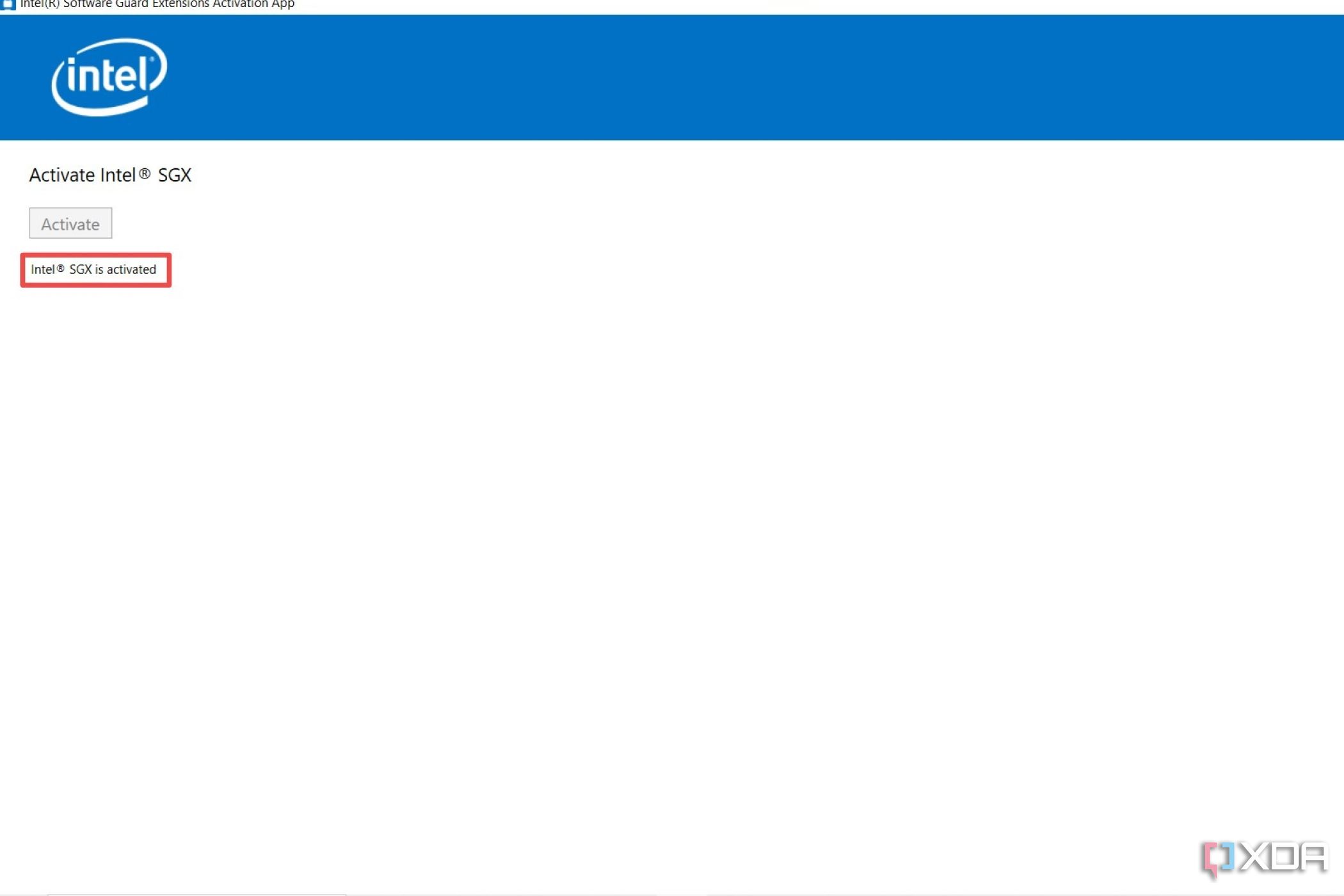 Приложение активации Intel SGX с выделенным сообщением Intel SGX активировано
