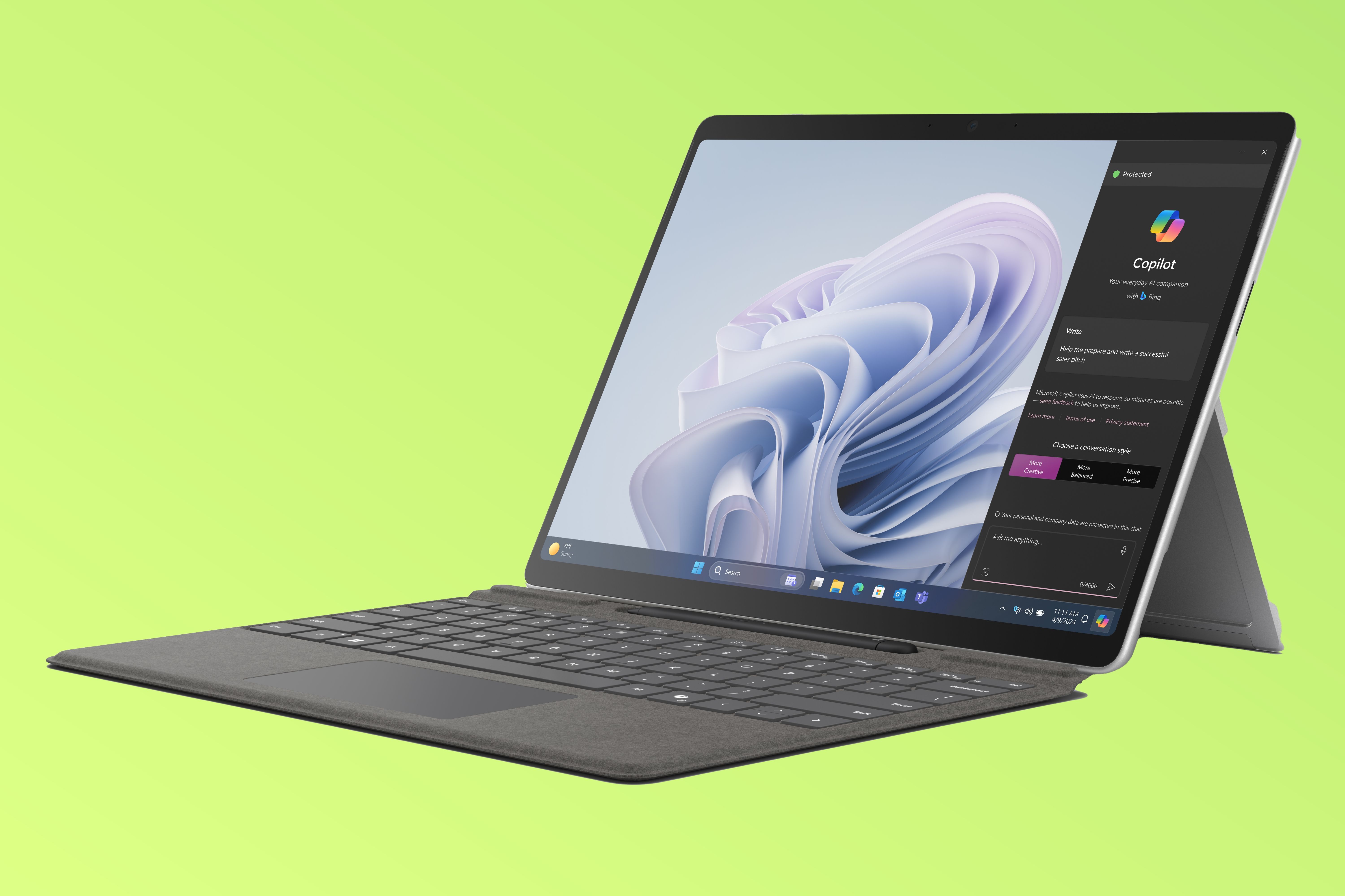 Surface Pro 10 для бизнеса с обложкой Type Cover на зеленом градиентном фоне