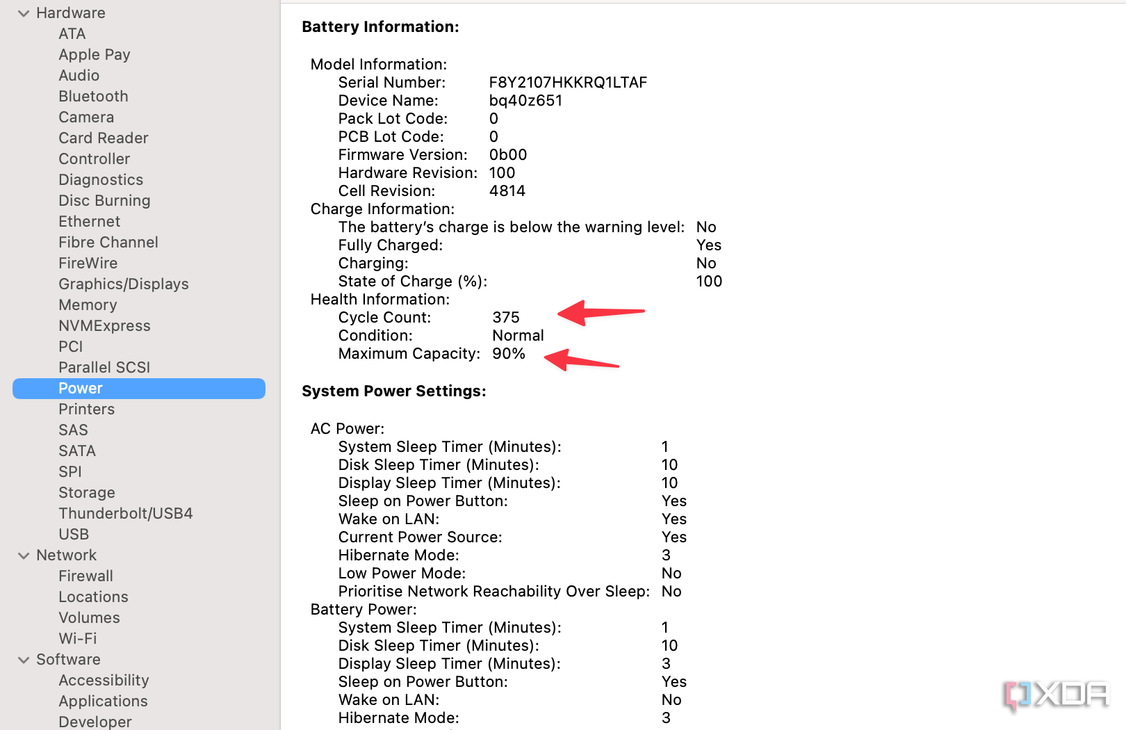 Снимок экрана, показывающий состояние батареи MacBook.