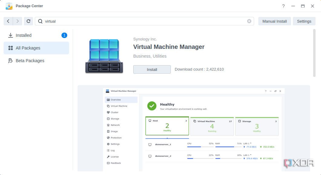 Установка диспетчера виртуальных машин Synology