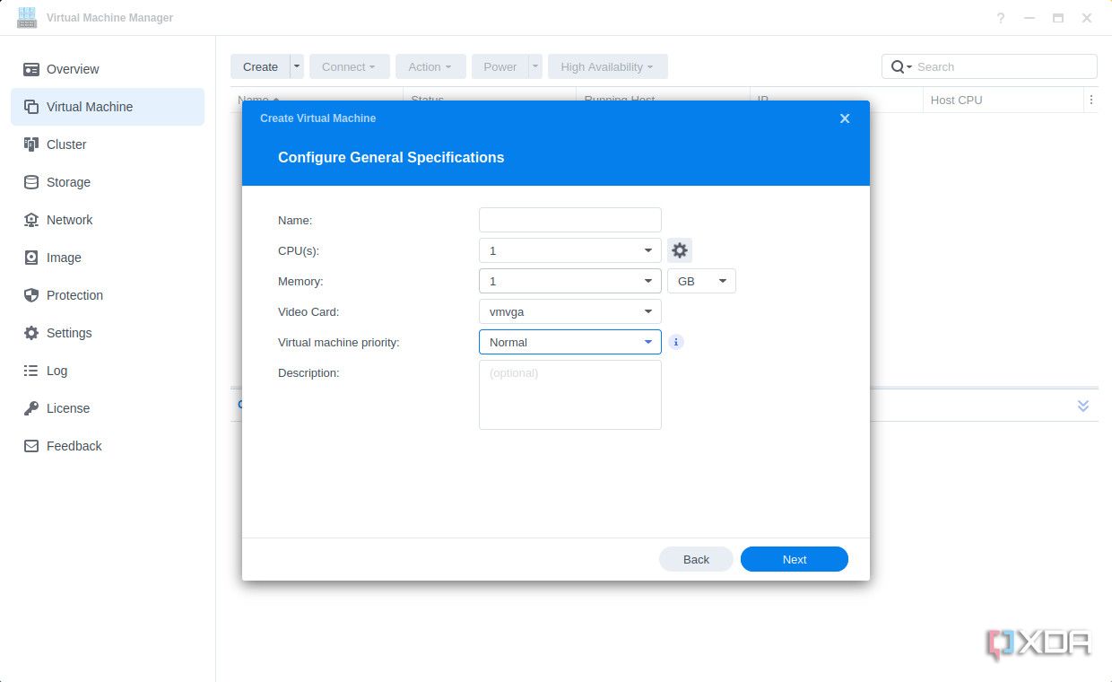 Настройка спецификаций для виртуальной машины Synology Virtual Machine Manager