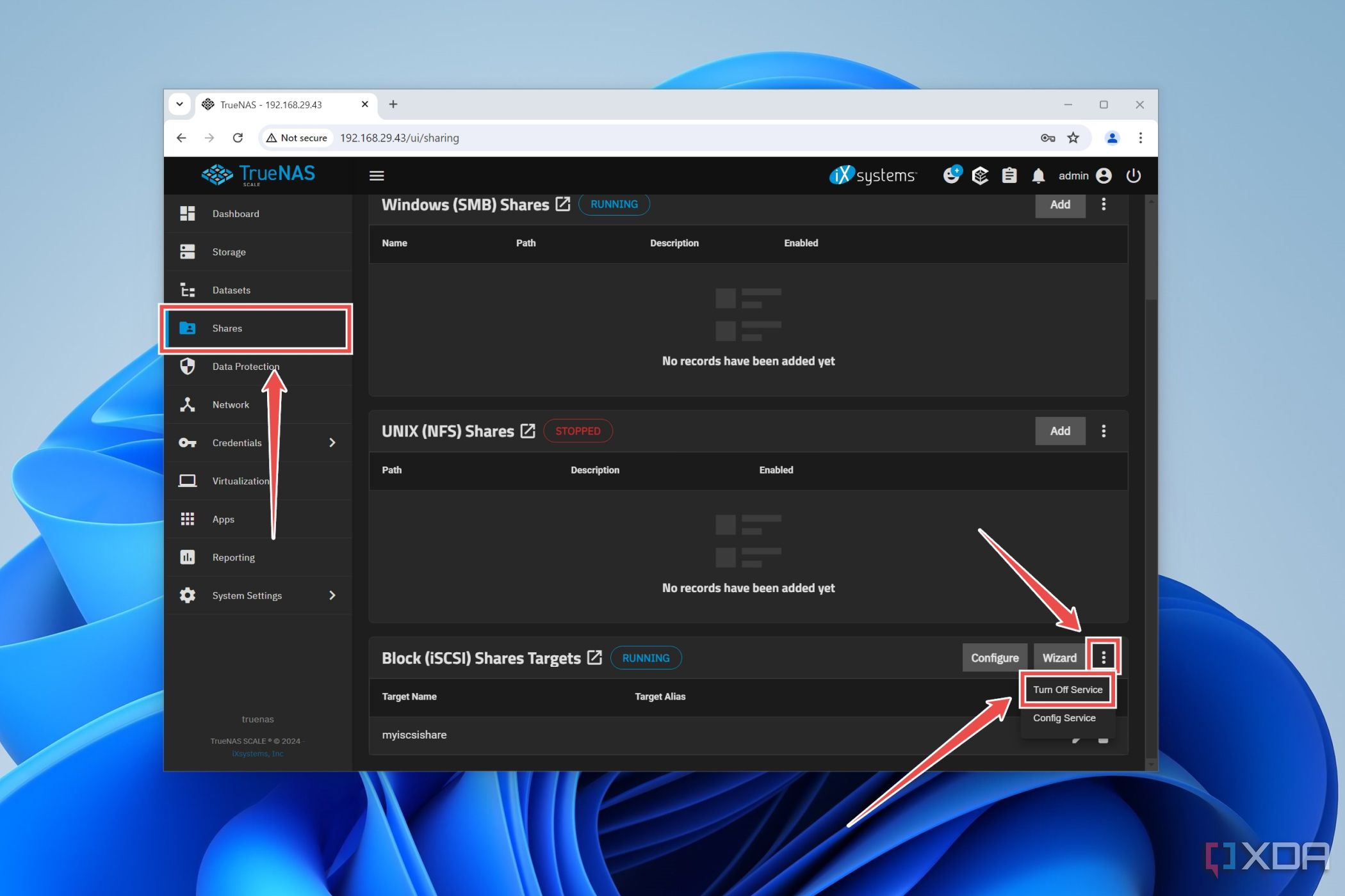 Процедура отключения службы iSCSI