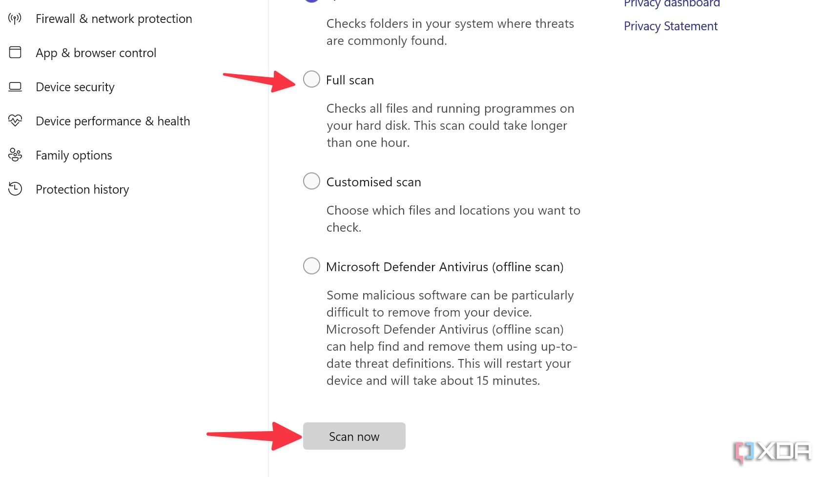 запустить полное сканирование в Windows