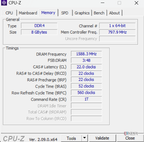 изображение, показывающее вкладку памяти CPU-Z 