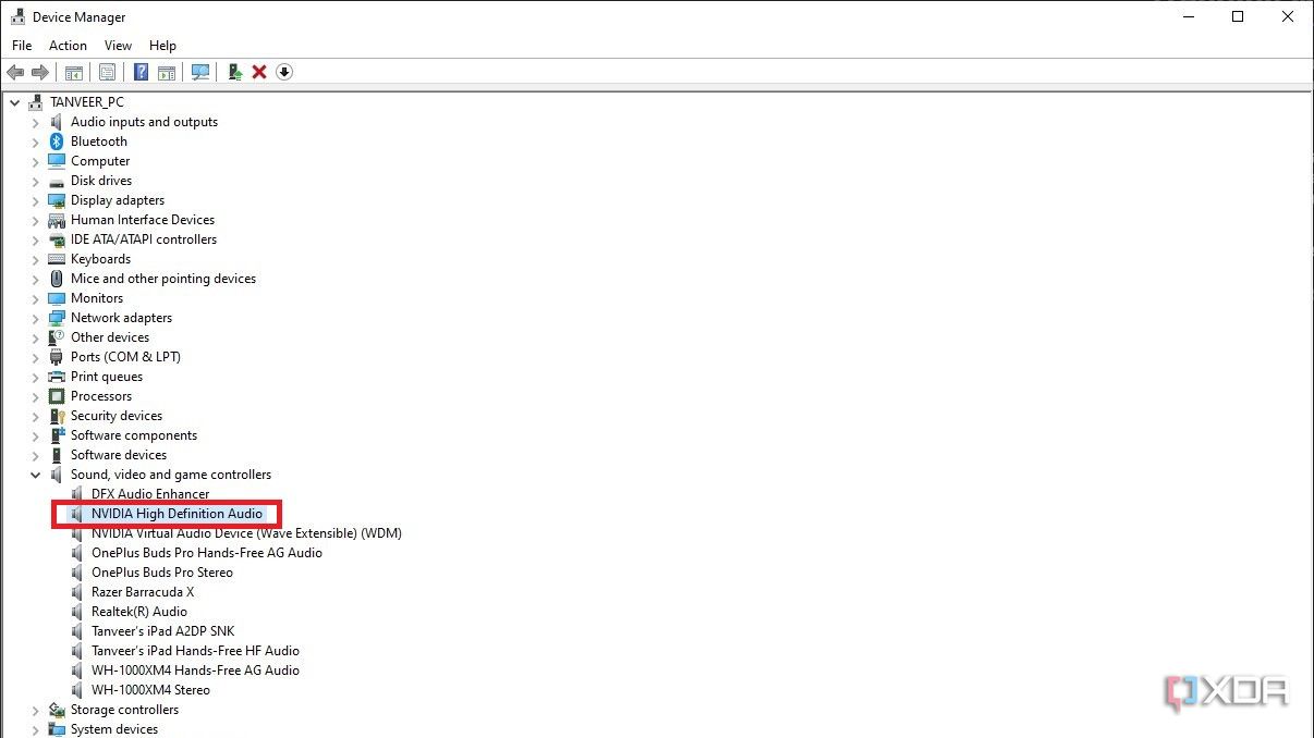 Диспетчер устройств в Windows, отображающий Nvidia High Definition Audio в разделе «Звуковые контроллеры»