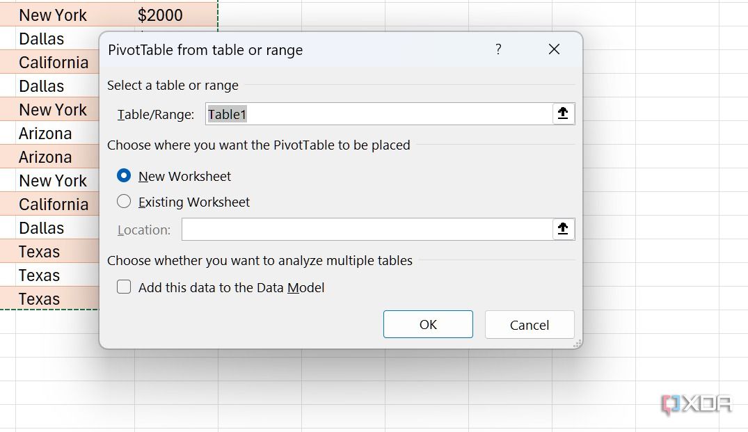 выберите опцию сводной таблицы в Excel