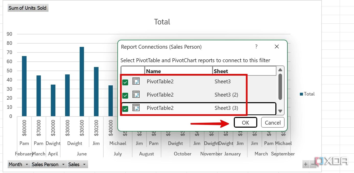 Выберите листы Excel 