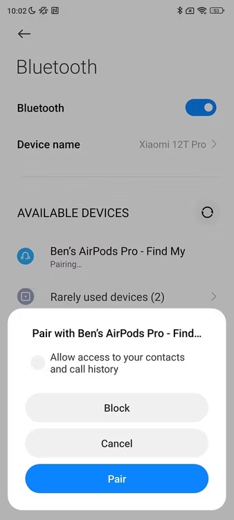 Всплывающее окно разрешений, которое вы увидите при подключении AirPods Pro 2 к смартфону Android.