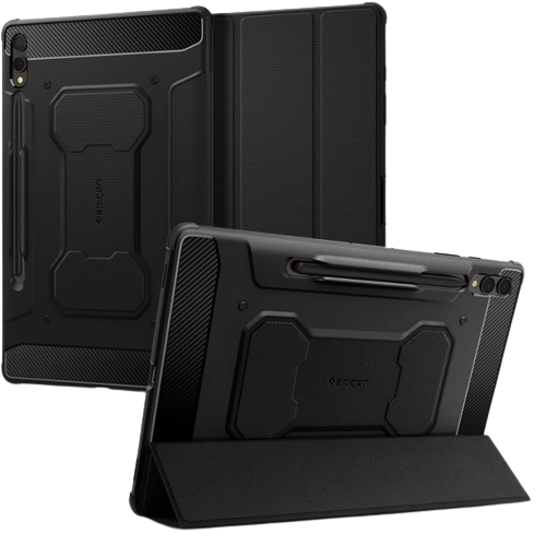 Рендер Spigen Rugged Armor Pro для Galaxy Tab S9+ в черном цвете.